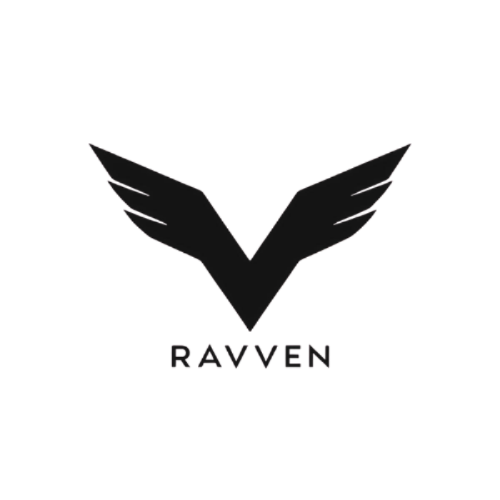 Black logo with wings and 'RAVEN' text on a white background